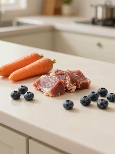 Fresh natural dog food ingredients like raw meat, carrots, and blueberries arranged beautifully on a clean kitchen counter, soft natural daylight, warm editorial photography, shallow depth of field, 35mm lens
