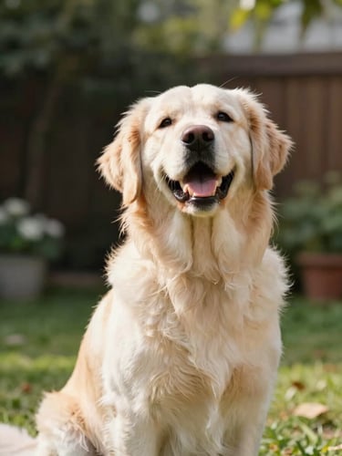 A happy golden retriever sitting calmly in a sunlit garden, looking up at its guardian with a relaxed expression, soft natural daylight, warm editorial photography, shallow depth of field, 35mm lens