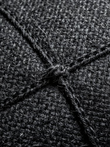 Macro photography of thick charcoal technical canvas weave, high-contrast lighting highlighting the triple-stitched seams and raw fibers.