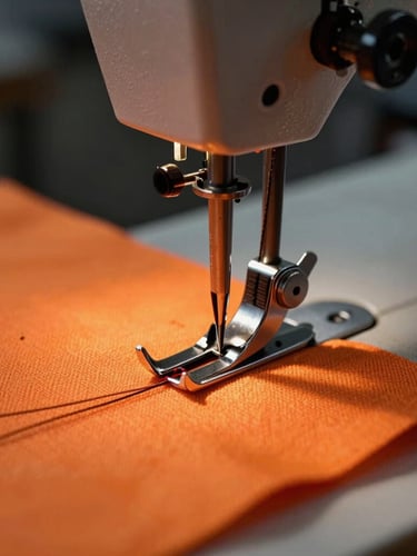 Macro close-up of an industrial sewing machine needle piercing thick safety-orange canvas, heavy black thread, high-contrast dramatic lighting.