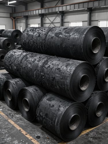 Wide-angle environmental shot of massive charcoal fabric rolls stacked on a heavy industrial factory floor, cold daylight, high-contrast technical environment.