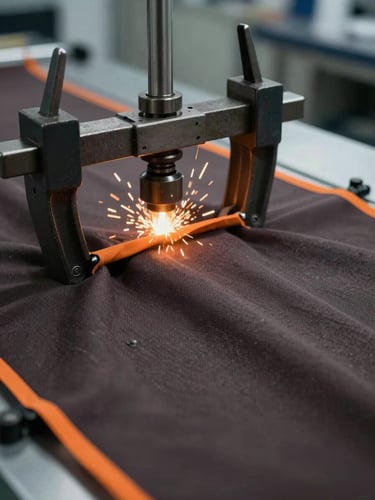 Close-up of raw technical fabric undergoing a mechanical stress test in a laboratory, heavy steel clamps, sparks flying in the background, deep charcoal and safety orange tones.