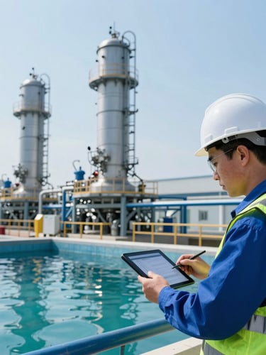 Engenheiro industrial em uma planta de tratamento de água, analisando dados em um tablet, com torres de resfriamento ao fundo. Fotografia industrial nítida, luz diurna fria, foco preciso, tons de azul petróleo e verde segurança.