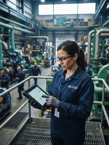 Engenheiro industrial analisando dados de telemetria em tablet robusto, com fundo desfocado de maquinário pesado e tubulações industriais, luz fria de dia, tons de azul e verde.