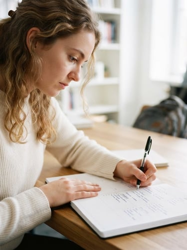 Close-up of a focused student writing in a clean modern planner on a wooden desk, bright natural daylight, sharp focus, 35mm