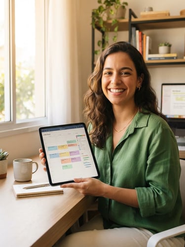 A focused young Brazilian professional smiling in a bright, modern home office, holding a tablet showing a structured study planner, warm natural window light, sharp focus, 35mm