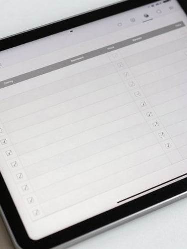 A close-up of a modern tablet displaying a highly structured study planner with daily checkmarks, bright natural daylight, crisp professional tones, sharp focus