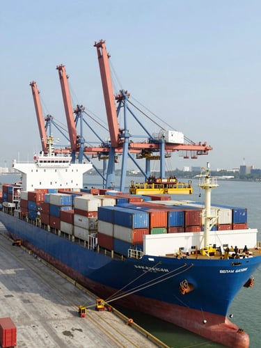 A high-angle daylight shot of a massive blue container ship docked at the Batam port terminal, industrial cranes loading cargo under clean sky.