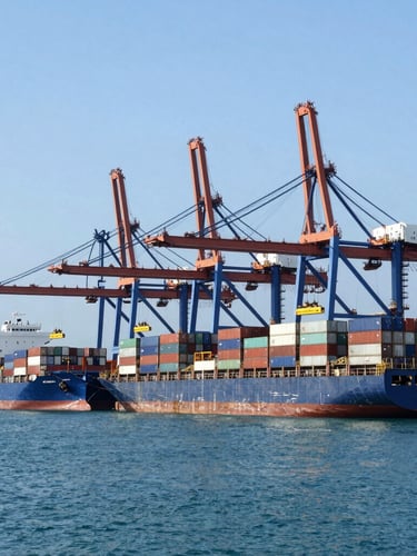 Wide-angle daylight shot of container ships docked at Batam port terminal, industrial cranes loading cargo, clean blue ocean background, negative space on left.