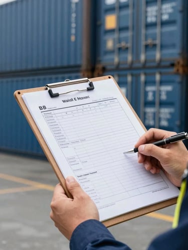 Close-up of a maritime shipping manifest clipboard held by a port inspector in front of stacked blue cargo containers