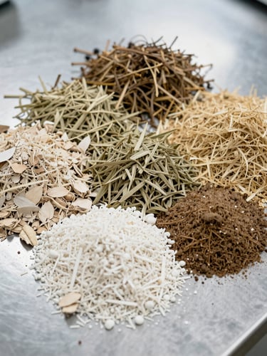 Top-down macro shot of graded agricultural commodities, showing moisture-tested organic textures on a clean stainless steel laboratory table under neutral white light.