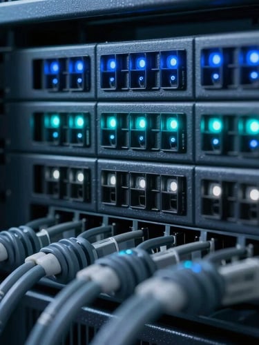 Close-up macro of clean server rack cabling with cold blue and cyber-teal indicator lights, sharp focus, professional IT infrastructure, 35mm lens.