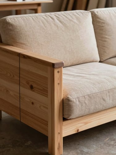A solid seasoned timber sofa frame sitting in the workshop, showing reinforced corner blocks and heavy tension webbing, warm side-light