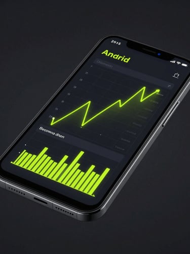 Sleek digital product photography of a physical Android phone mockup, showing a dark mode utility interface with neon cyber-lime graphs and high contrast data lines, moody side lighting