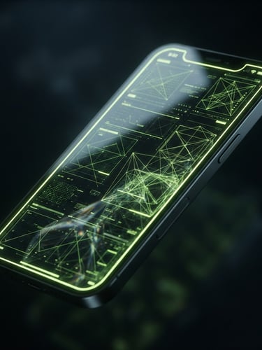 Sleek macro 3D render of a dark-mode mobile interface frame, glowing cyber-lime geometric wireframes reflecting off polished glass, dark background