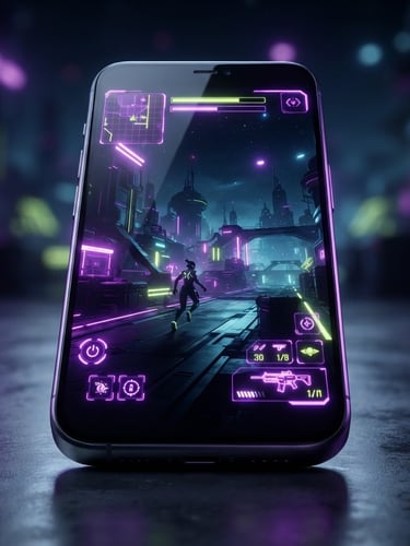 Sleek digital product photography of a premium Android phone mockup displaying a moody, high-contrast neon sci-fi game interface, electric violet and cyber-lime glow, 3D render