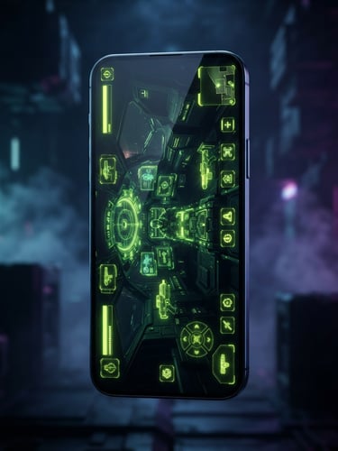Sleek portrait-oriented physical Android device mockup showing a high-fidelity premium game interface glowing in vibrant cyber-lime, dark mode aesthetic, moody neon backlighting, 3D render.