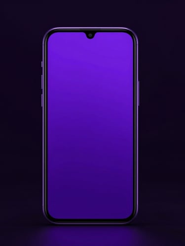 Sleek portrait-oriented physical Android device mockup showing a highly optimized minimalist utility interface glowing in electric violet, crisp macro details, dark mode aesthetic, 3D render.