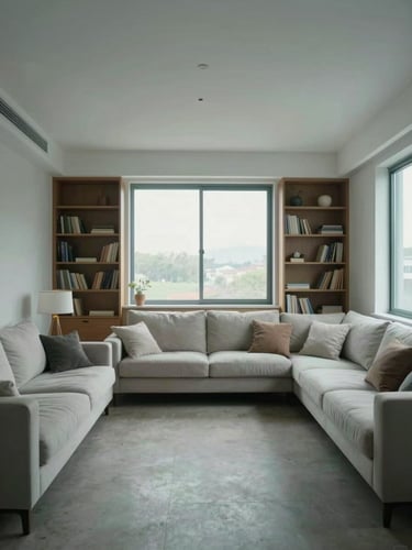 Wide environmental shot of an unoccupied modern furnished living room, head-on framing showing room proportion — clean sofa, organised shelving, large window flooding the space with cool natural daylight, no occupants, no decorative staging