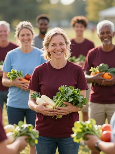 A diverse group of Ohio residents participating in an outdoor community wellness workshop, smiling, holding fresh produce, warm natural daylight.