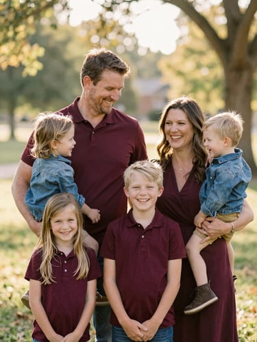 A warm, natural golden-hour portrait of an Ohio family laughing in a sunlit public park, soft burgundy tones, shallow depth of field.
