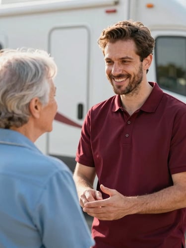 A candid medium shot of a friendly healthcare volunteer in a burgundy polo shirt talking with an elderly resident outside a mobile clinic, warm daylight.