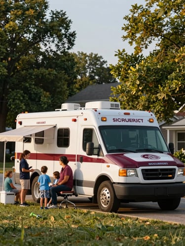 A sunlit mobile healthcare clinic parked in a green Ohio community park, local families talking with health advocates under a soft canopy, warm golden-hour light.