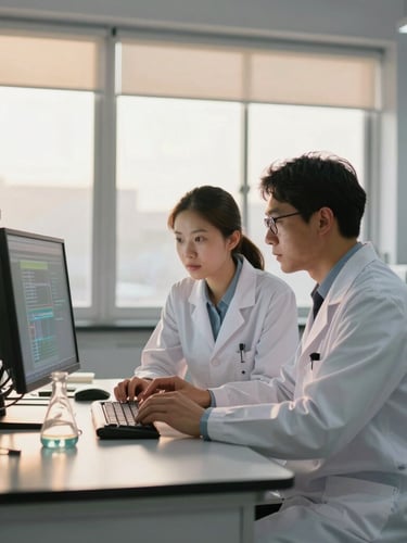 A wide environmental shot of two medical researchers in a sunlit innovation lab, collaborating over data on a screen, warm golden-hour light streaming through large windows, shallow depth of field