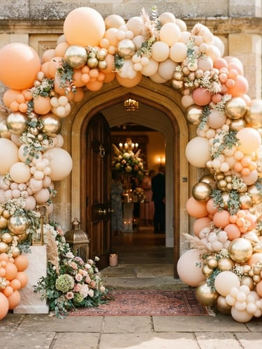 Bright celebratory lighting, a massive organic balloon arch in peach and gold framing an elegant doorway, warm editorial photography, 35mm