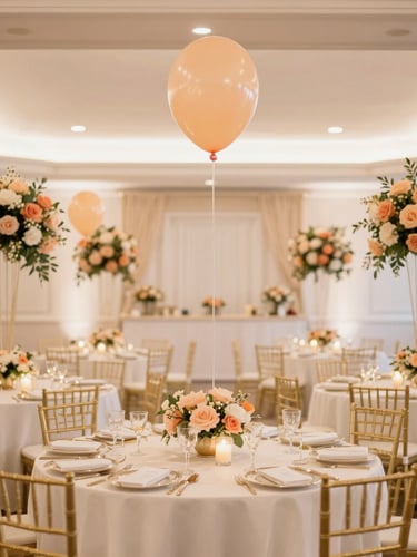 Bright interior of an elegant event venue on Demorest Road, beautifully set up with warm lighting, golden accents, and delicate peach floral and balloon arrangements, professional editorial photography