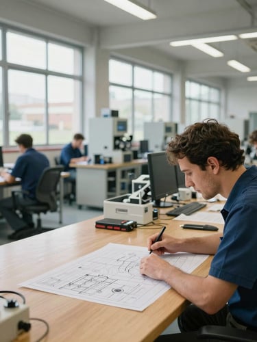 Wide environmental shot of a clean, active manufacturing floor in Spain, natural daylight from high windows, a team leader reviewing physical schematics on a wooden table in the foreground, professional and authentic.
