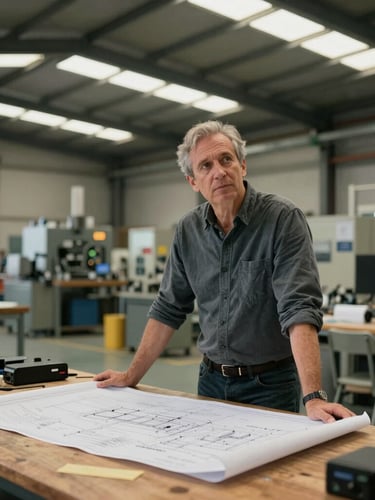 Wide environmental portrait of a business founder in a warm-lit manufacturing facility, looking thoughtfully at blueprints on a wooden table, real operational environment, natural overcast daylight.