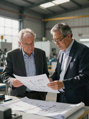 Retrato de un consultor senior y un director de planta analizando planos de distribución en una fábrica iluminada por luz natural.
