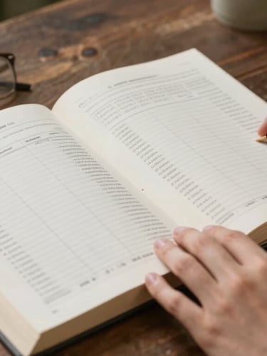 Primer plano de manos examinando un libro contable y métricas operativas sobre una mesa de madera rústica.