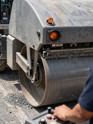 Extreme close-up of a compactor drum pressing gravel on an active road construction site, operator hand visible on the control lever in the foreground, direct natural daylight, machine surface showing real operational wear, dust visible in the air
