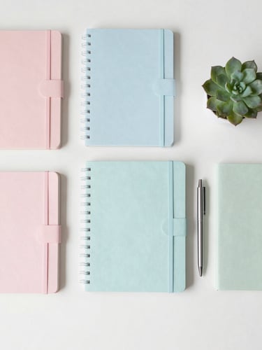 Top-down flat lay of neatly organized pastel notebooks, a sleek pen, and a small succulent on a white desk under soft natural morning light