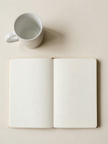 Top-down flat lay of a clean ceramic mug and a blank notebook on a cream-colored desk, soft natural daylight, desaturated pastel tones, generous negative space, 35mm