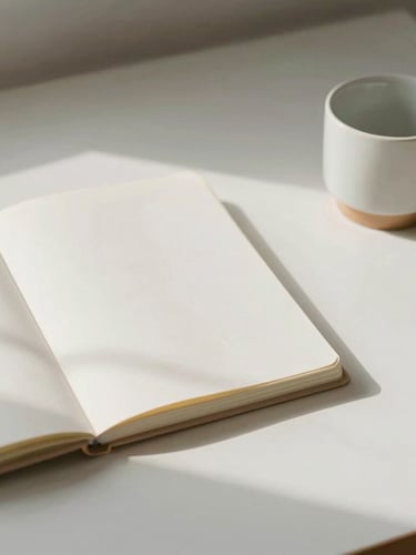 Airy minimalist desk with a clean notebook, a ceramic cup, soft natural daylight casting gentle shadows, desaturated pastel tones, 35mm