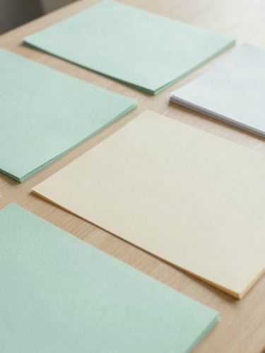 Close-up of neatly organized business documents on a light wooden table, soft natural daylight, minimalist office setting, desaturated mint green and cream accents, 35mm