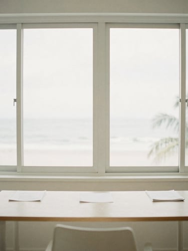 A bright, airy coastal Florida workspace, soft morning light filtering through high windows, minimalist desk with neat documents, desaturated pastel tones, 35mm