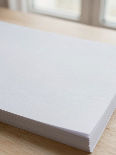 Close-up of neatly stacked textured paper documents on a light wooden table, soft morning window light, desaturated pastel tones, 35mm