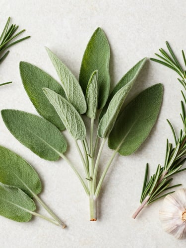 Overhead flatlay of fresh organic green herbs, sage leaves, rosemary, and garlic on a clean warm white stone surface, soft natural side-lit daylight, editorial food photography