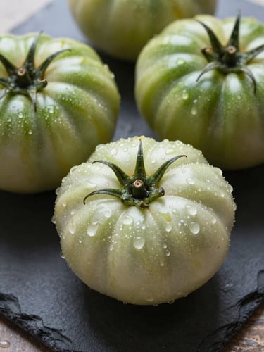 Close-up of fresh organic heirloom tomatoes with water droplets on a dark slate surface, natural side lighting, editorial style