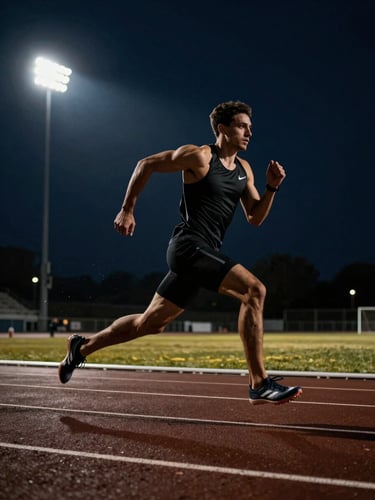 Low-angle dramatic key lighting on a male sprinter in mid-stride on a dark track, stadium floodlights creating sharp rim light, deep navy atmosphere, 35mm.