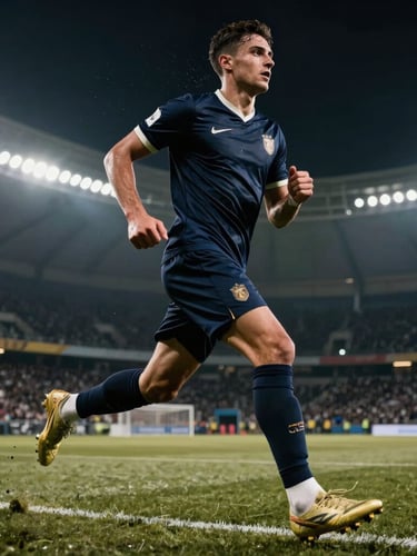 Low-angle dramatic shot of a male soccer player running mid-motion on turf, stadium lights illuminating sweat and motion blur, high contrast, 35mm