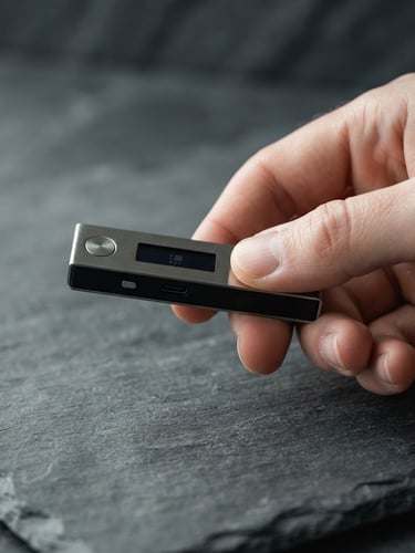 Makroaufnahme einer Hand, die eine Cold Wallet (Hardware-Wallet) auf einer schlichten, architektonischen Oberfläche hält, weiches natürliches Licht, gedämpfte Schiefer- und Metalltöne, scharfer Fokus.