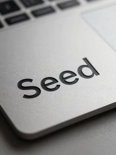 Makroaufnahme einer Metallplatte mit eingravierter Seed-Phrase, umgeben von einem minimalistischen, technischen Arbeitsbereich. Scharfer Fokus, weiches Studiolicht.