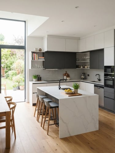 Wide shot of a modern modular kitchen with clean lines and integrated appliances, bright natural daylight, high-detail wide-angle lens, professional interior photography