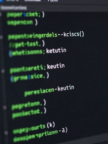 Macro shot of a dark-themed code editor displaying clean Kotlin structures, glowing green syntax highlights, shallow depth of field.