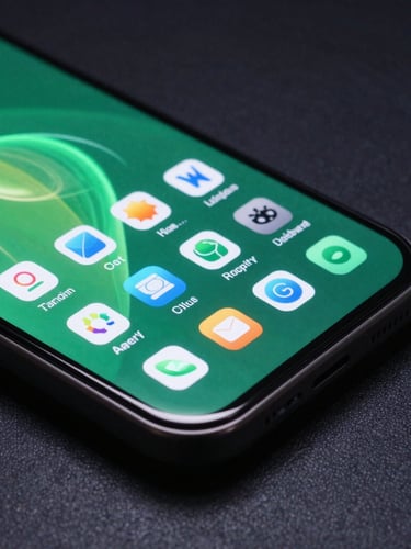 Macro studio shot of a flagship Android screen corner displaying a glowing, high-refresh-rate system interface with dynamic green accents, moody dark background